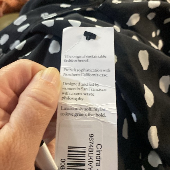 Amour Vert Womens Cindra 100% Silk Midi Dress BLACK & WHITE Dotted Cap Sleeves - Picture 8 of 10